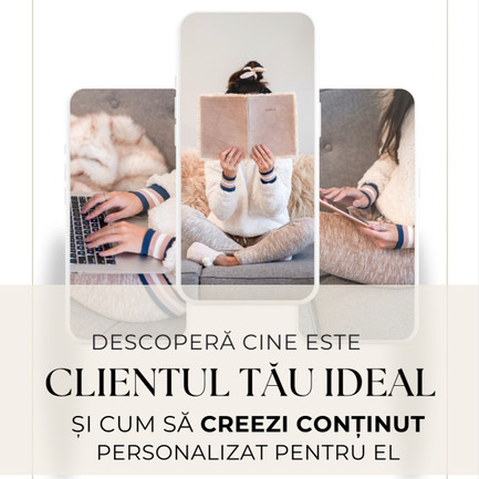 Din acest ghid vei afla cine este clientul tău ideal și cum să creezi conținut personalizat pentru a ajunge la rezolvarea nevoilor lui  În prima parte vei avea acces la un caiet de lucru unde vei putea afla care este clientul tău ideal răspunzând la întrebări strategice  Vei învăța:  cum să îl înțelegi  cum să îți setezi mentalitatea în jurul conținutului digital  cum să stăpânești ciclul de la vizualizare la vânzare  im magazin online cum să comunici  cum să transmiți povestea ta  cum să te adaptezi și să fii flexibil  Nu poți stăpâni tainele vânzărilor online dacă nu îți cunoști clientul și nevoile lui.  Acest ghid este pentru tine dacă:  ✨ Ești digital marketer și nu ai reușit să îți identifici publicul sau îți este dificil să te adresezi lui  ✨ Ești antreprenor și dorești să înțelegi mai bine tainele comunicării cu publicul tau țintă. Cumpără astăzi și poți câștiga un iPhone 16+ cu doar 45 €. Pachetul este in magazin și te așteaptă 